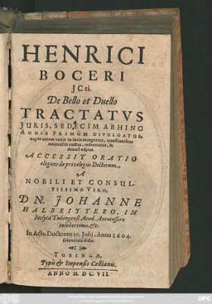 Henrici Boceri ICti. De Bello Et Duello Tractatus Iuris