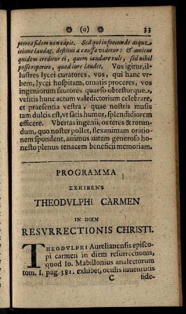 Programme Exhibens Theodulphi Carmen In Diem Resurrectionis Christi.
