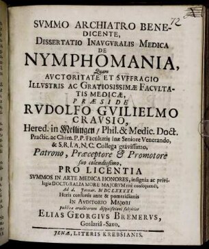 Dissertatio Inauguralis Medica De Nymphomania