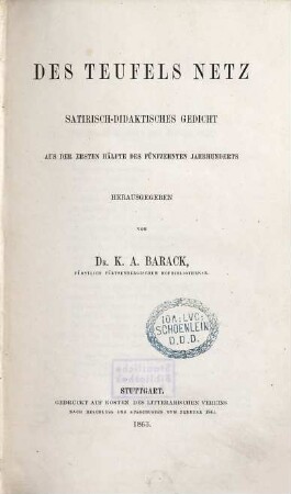 Des Teufels Netz : satirisch-didaktisches Gedicht aus der ersten Hälfte des fünfzehnten Jahrhunderts