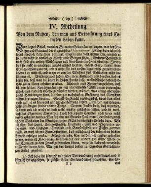 IV. Abtheilung. Von dem Nutzen, den man aus Betrachtung eines Cometen haben kann.