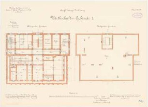Kaserne des 4. Garderegiments zu Fuß, Berlin-Moabit: Wirtschaftsgebäude I: Grundriss Kellergeschoss, Dachgeschoss 1:100
