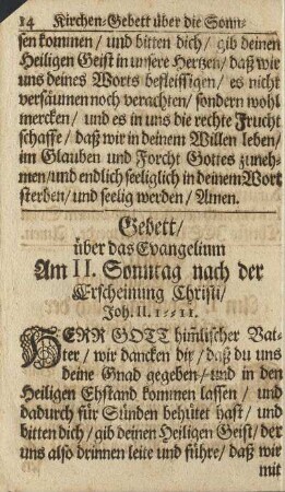 Gebett über das Evangelium Am II. Sonntag nach der Erscheinung Christi/ ...