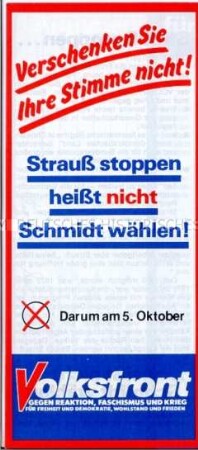 Propagandaschrift der Volksfront gegen Reaktion, Faschismus und Krieg zur Bundestagswahl 1980
