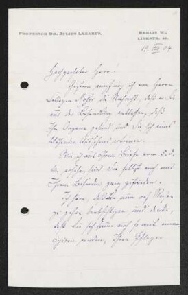 Brief von Julius Lazarus an Gerhart Hauptmann