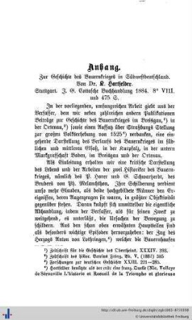 Recension über Hartfelders Geschichte des Bauernkrieges in Südwestdeutschland.