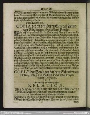 Copia des an den Herrn General-Lieutenant Schulenburg abgelassenen Briefes