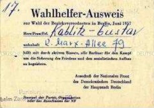 Wahlhelfer-Ausweis zur Wahl der Bezirksverordneten in Berlin 1957