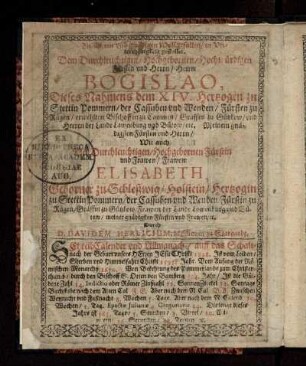Widmung an Bogislaus XIV. und seine Frau Elisabeth