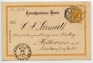 "Correspondenz-Karte", Absender: Johann Schneider, Lehrer in Seeberg (Böhmen), Empfänger: C.F. Schmidt Musikalienhandlung und Verlag, Heilbronn