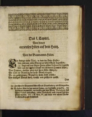 Das I. Capitel. Von denen curieusen Hölen auf dem Harz.