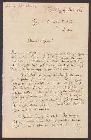 Brief an Musikverlag Ed. Bote und G. Bock (Berlin) : 12.11.1869