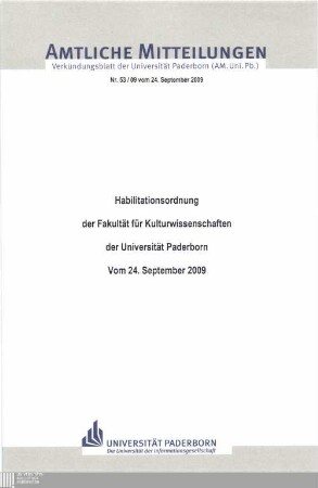 Habilitationsordnung der Fakultät für Kulturwissenschaften der Universität Paderborn : vom 24. September 2009