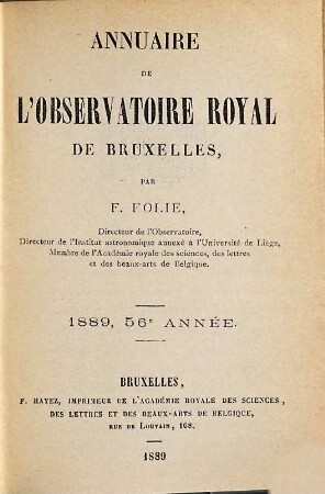 Annuaire de l'Observatoire Royal de Bruxelles. 56. 1889