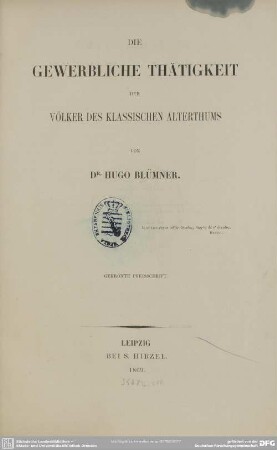 Die gewerbliche Thätigkeit der Völker des klassischen Alterthums