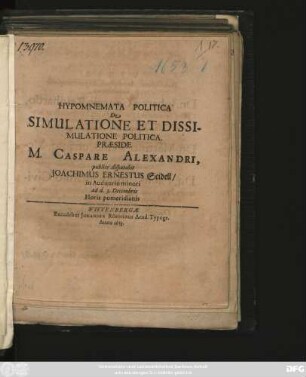 Hypomnemata Politica De Simulatione Et Dissimulatione Politica