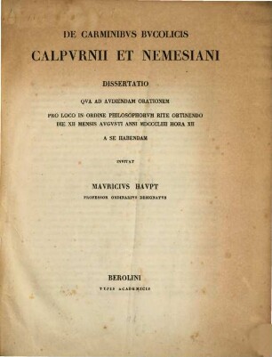 De carminibus bucolicis Calpurnii et Nemesiani dissertatio