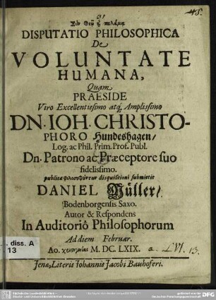 Disputatio philosophica de voluntate humana