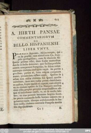 A. Hirtii Pansae Commentariorum De Bello Hispaniensi Liber Unus.