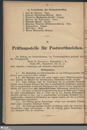 V. Prüfungsstelle für Postwerthzeichen