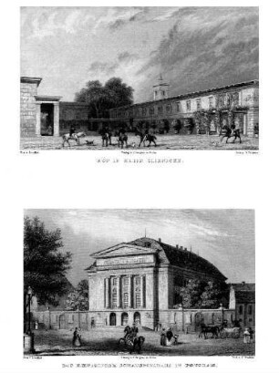 Tafel: Hof in Klein Glienicke; Das Koenigliche Schauspielhaus in Potsdam