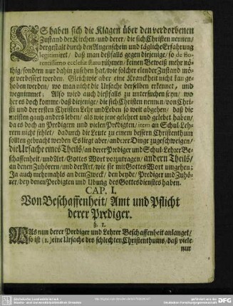 Cap. I. Von Beschaffenheit, Amt und Pflicht derer Prediger