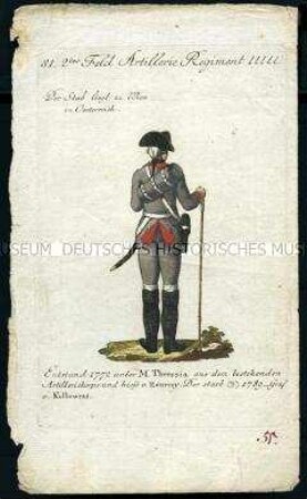 Uniformdarstellung, Gemeiner des 2. Feldartillerie-Regiments, Rückenansicht, Österreich, 1796. Tafel aus: Geschichte und bildliche Vorstellung der Regimenter des Erzhauses Österreich.
