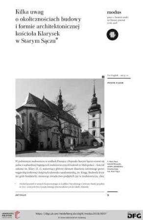 Kilka uwag o okolicznościach budowy i formie architektonicznej kościoła Klarysek w Starym Sączu