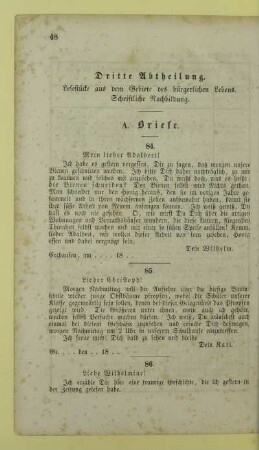 Dritte Abtheilung. Lesestücke aus dem Gebiete des bürgerlichen Lebens. Schriftliche Nachbildung