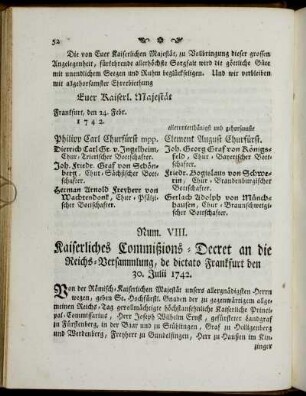 Num. VIII. Kaiserliches Commißions-Decret an die Reichs-Versammlung,[...]