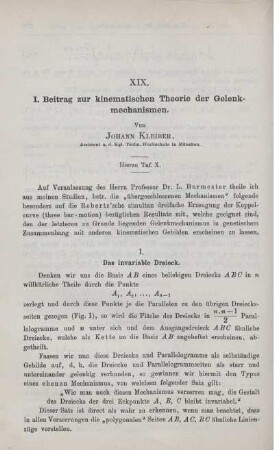 XIX. I. Beitrag zur kinematischen Theorie der Gelenkmechanismen.