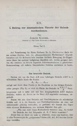XIX. I. Beitrag zur kinematischen Theorie der Gelenkmechanismen.