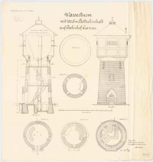 Wasserturm, Gransee: Grundriss, Aufriss, Querschnitt 1:50