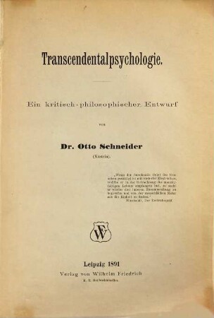 Transcendentalpsychologie : ein kritisch-philosophischer Entwurf