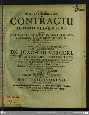 Disputatio Juridica, De Contractu Depositi Eiusqve Jure