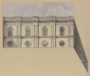 Perspektivischer Ausschnitt mit oberem Teil einer Hausfassade