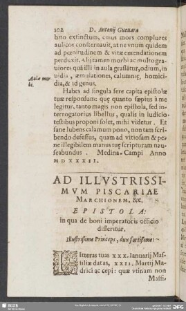 Ad Illustrissimum Piscariae Marchionem, &c. Epistola, In qua de boni Imperatoris officio differitur