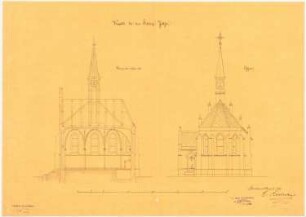 Kapelle bei Schloss Jeltsch: Aufriss Ostseite, Längsschnitt, Maßstabsleiste