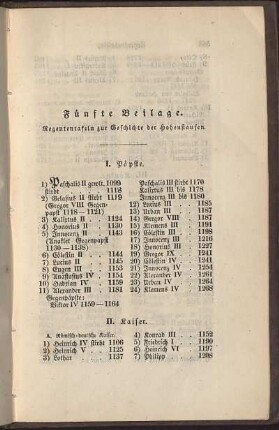 Fünfte Beilage. Regententafeln zur Geschichte der Hohenstaufen.
