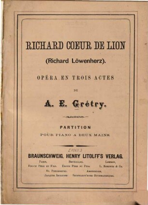 Richard Coeur de Lion : opéra en 3 actes = (Richard Löwenherz)