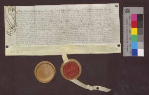 Kaufbrief des Anton Schmidt, Bürgers zu Opfingen, als Vogtsmanns der Katharina Buckin von da, für Hans Jakob und Daniel Neßel von Löwenfeld über Güter zu Opfingen.