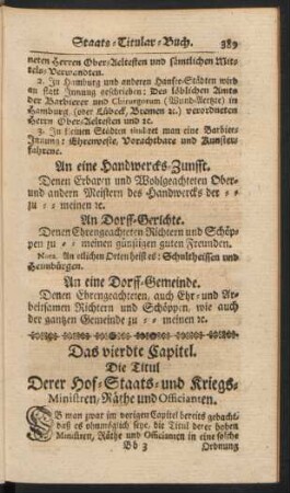 Das vierdte Capitel. Die Titul Derer Hof- Staats- und Kriegs-Ministren, Räthe und Officianten.