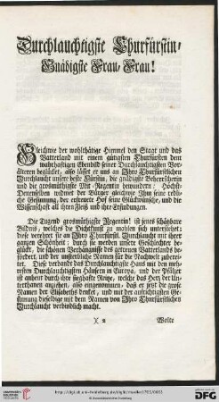 Durchlauchtigste Churfürstin, Gnädigste Frau, Frau!