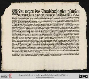 Von wegen des Durchleuchtigsten Fürsten und Herrn, Herrn Friderich Magnussen, Marggraffens zu Baden und Hochberg [...]