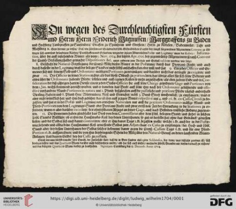 Von wegen des Durchleuchtigsten Fürsten und Herrn, Herrn Friderich Magnussen, Marggraffens zu Baden und Hochberg [...]