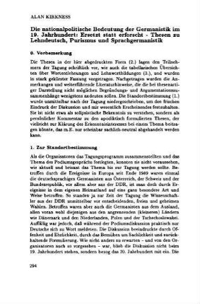 Die nationalpolitische Bedeutung der Germanistik im 19. Jahrhundert: Ersetzt statt erforscht - Thesen zu Lehndeutsch, Purismus und Sprachgermanistik