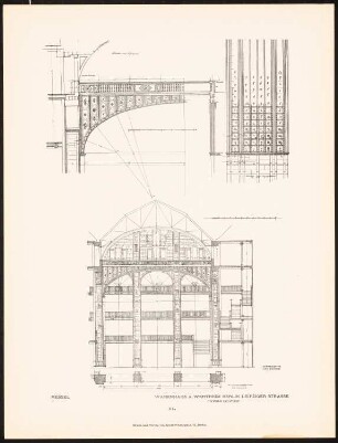 Warenhaus Wertheim, Leipziger Straße, Berlin: SChnitt durch den großen Lichthof mit der Brücke und Detailansichten (aus: Alfred Messel, 1912)