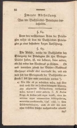 Zweyte Abtheilung. Von den Buchhändler-Privilegien insbesondre