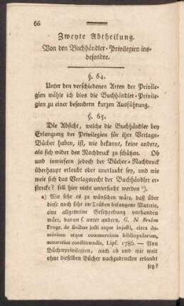Zweyte Abtheilung. Von den Buchhändler-Privilegien insbesondre