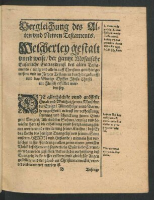 Vergleichung des Alten und Newen Testaments. Welcherley gestalt unnd weise/ der gantze Mosaische Euserliche Gottesdienst des alten Testaments ...
